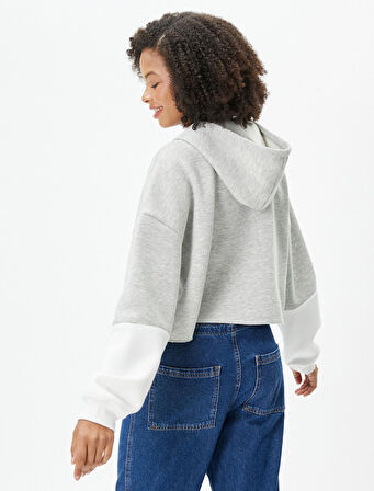 Kapüşonlu Fermuarlı Crop Sweatshirt Kolej İşleme Detaylı Renk Bloklu 