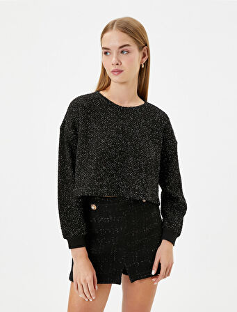 Crop Oversize Tüvit Sweatshirt Uzun Kollu Bisiklet Yaka