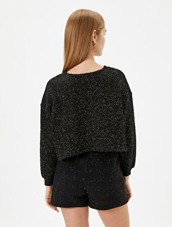 Crop Oversize Tüvit Sweatshirt Uzun Kollu Bisiklet Yaka