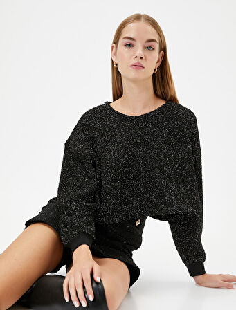 Crop Oversize Tüvit Sweatshirt Uzun Kollu Bisiklet Yaka