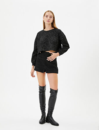 Crop Oversize Tüvit Sweatshirt Uzun Kollu Bisiklet Yaka