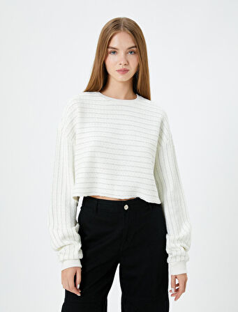 Crop Çizgili Sweatshirt Simli Uzun Balon Kollu