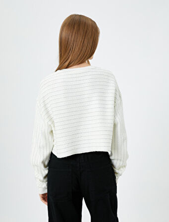 Crop Çizgili Sweatshirt Simli Uzun Balon Kollu