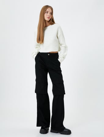 Crop Çizgili Sweatshirt Simli Uzun Balon Kollu