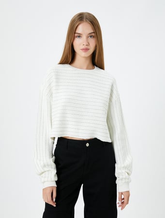 Crop Çizgili Sweatshirt Simli Uzun Balon Kollu