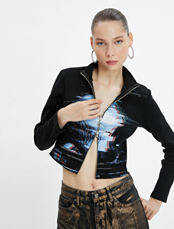 Fermuarlı Hırka Slim Fit Dik Yaka Baskılı Uzun Kollu Pamuklu