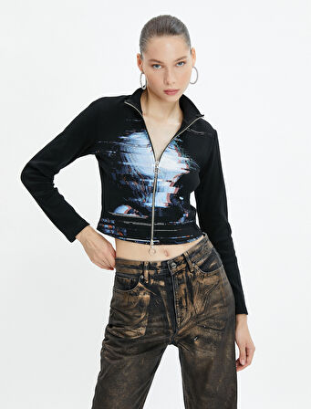 Fermuarlı Hırka Slim Fit Dik Yaka Baskılı Uzun Kollu Pamuklu