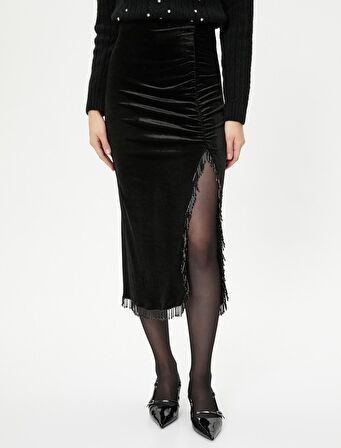 Midi Kadife Etek Boncuk Detaylı Yırtmaçlı Drapeli - El Emeği Koleksiyonu