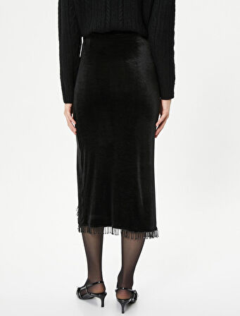 Midi Kadife Etek Boncuk Detaylı Yırtmaçlı Drapeli - El Emeği Koleksiyonu