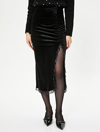 Midi Kadife Etek Boncuk Detaylı Yırtmaçlı Drapeli - El Emeği Koleksiyonu