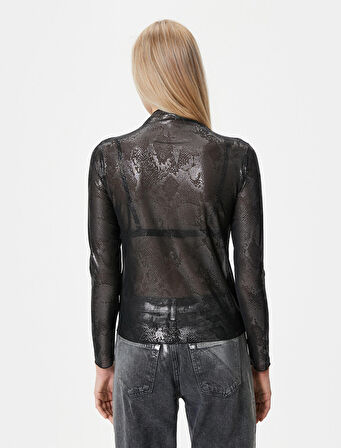 Uzun Kollu Tişört Varaklı Dik Yaka