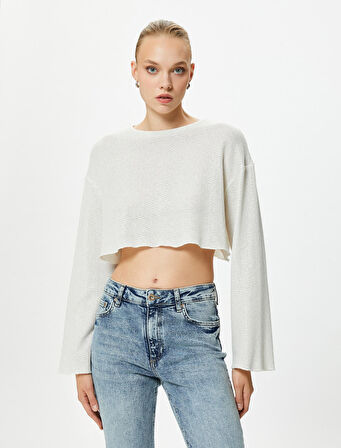 Crop Tişört Örgü Geniş Kollu Rahat Kesim Bisiklet Yaka