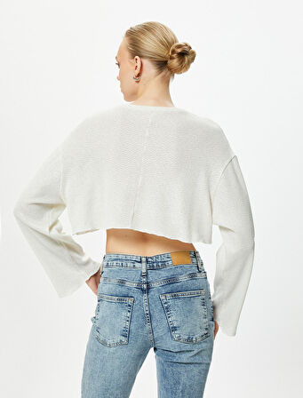 Crop Tişört Örgü Geniş Kollu Rahat Kesim Bisiklet Yaka