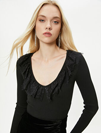 Triko Kazak V Yaka Dantelli Fitilli - El Emeği Koleksiyonu