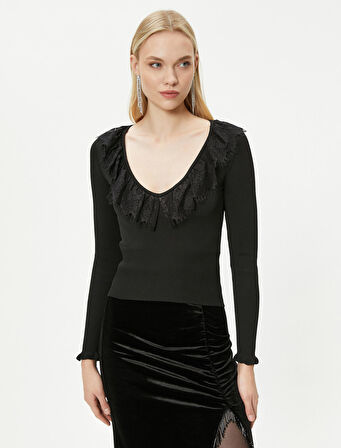 Triko Kazak V Yaka Dantelli Fitilli - El Emeği Koleksiyonu