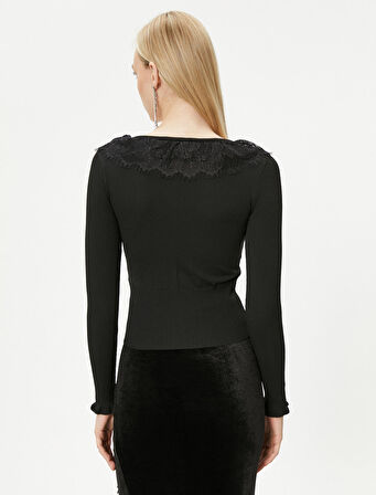 Triko Kazak V Yaka Dantelli Fitilli - El Emeği Koleksiyonu