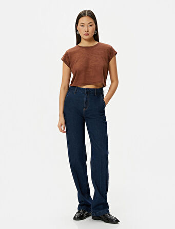 Crop Tişört Kısa Kollu Slim Fit Bisiklet Yaka