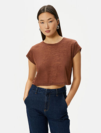 Crop Tişört Kısa Kollu Slim Fit Bisiklet Yaka