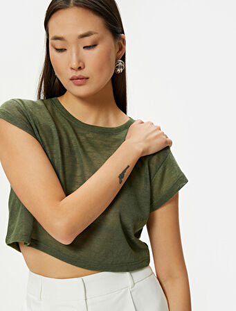 Crop Tişört Kısa Kollu Slim Fit Bisiklet Yaka