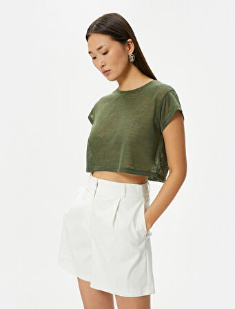 Crop Tişört Kısa Kollu Slim Fit Bisiklet Yaka