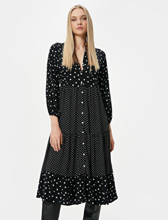 Midi Gömlek Elbise Puantiyeli Düğmeli Uzun Kollu