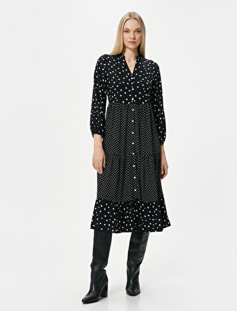 Midi Gömlek Elbise Puantiyeli Düğmeli Uzun Kollu