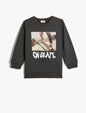 Sweatshirt Kaykay Baskılı Uzun Kollu Bisiklet Yaka Şardonlu 