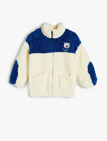 Peluş Sweatshirt Dik Yaka Cepli Fermuar Kapamalı Aplike Detaylı Renk Bloklu 