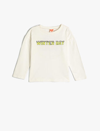 Tişört Uzun Kollu Bisiklet Yaka Yazı Baskılı Pamuklu