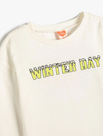 Tişört Uzun Kollu Bisiklet Yaka Yazı Baskılı Pamuklu