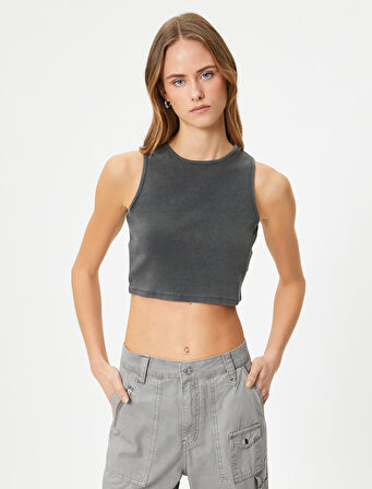 Crop Atlet Bisiklet Yaka Pamuklu Ribanalı Soluk Efektli