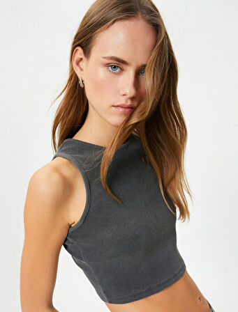 Crop Atlet Bisiklet Yaka Pamuklu Ribanalı Soluk Efektli