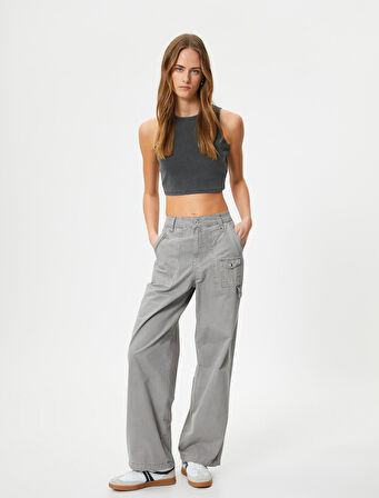 Crop Atlet Bisiklet Yaka Pamuklu Ribanalı Soluk Efektli