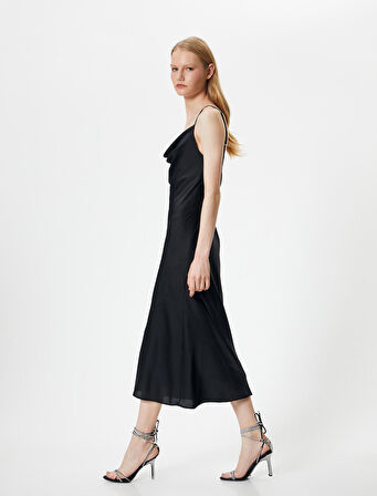 Saten Abiye Elbise Maksi Boy Dökümlü  Yaka İnce Askılı