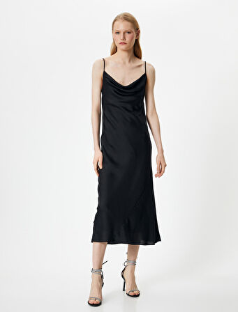 Saten Abiye Elbise Maksi Boy Dökümlü  Yaka İnce Askılı