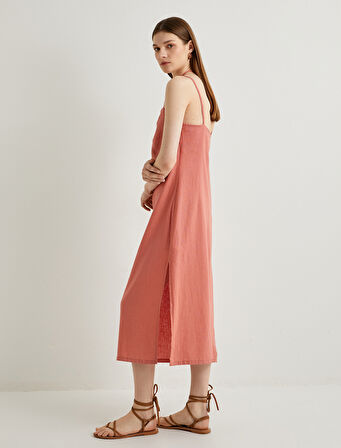 Midi Keten Elbise Boyundan Bağlamalı Pencere Detaylı Yırtmaçlı