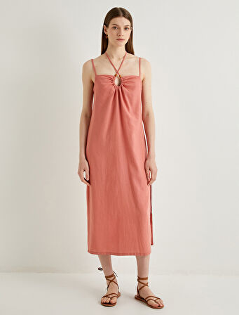 Midi Keten Elbise Boyundan Bağlamalı Pencere Detaylı Yırtmaçlı