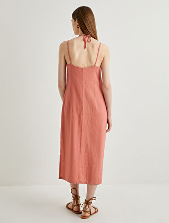 Midi Keten Elbise Boyundan Bağlamalı Pencere Detaylı Yırtmaçlı