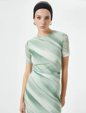 Midi Bodycon Elbise Kısa Kollu Bisiklet Yaka Yırtmaçlı