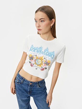Basklı Krop Tişört Slim Fit Kısa Kollu Bisiklet Yaka Pamuklu