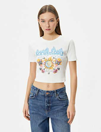 Basklı Krop Tişört Slim Fit Kısa Kollu Bisiklet Yaka Pamuklu