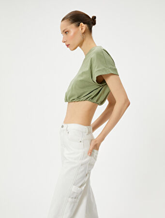 Crop Tişört Etek Ucu Lastikli Kısa Kollu Bisiklet Yaka Pamuklu