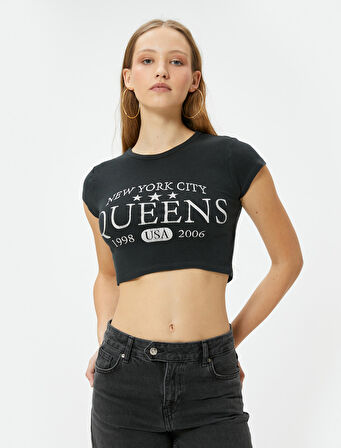 Crop Baskılı Tişört Bisiklet Yaka Kısa Kollu Pamuklu Slim Fit