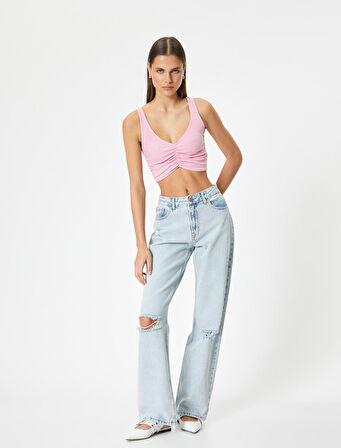 Drapeli V Yaka Crop Üst Kolsuz Slim Fit