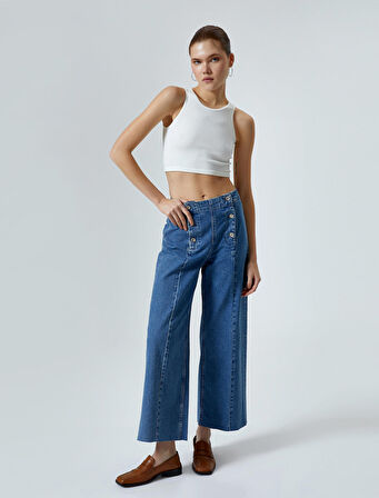 Geniş Kısa Paça Kot Pantolon Düğmeli Yüksek Bel - Sandra Jeans