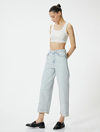 Taşlı Kot Pantolon Geniş Kısa Paça Standart Bel Cepli Pamuklu - Bianca Crop Jean