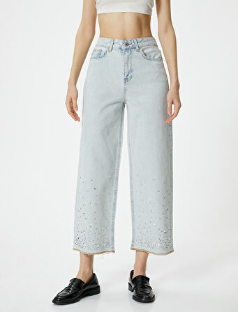 Taşlı Kot Pantolon Geniş Kısa Paça Standart Bel Cepli Pamuklu - Bianca Crop Jean
