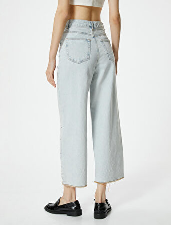 Taşlı Kot Pantolon Geniş Kısa Paça Standart Bel Cepli Pamuklu - Bianca Crop Jean