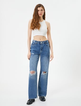Yüksek Bel Straight Jean Kot Pantolon Yırtık Düz Paça - Eve Jeans