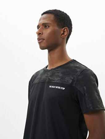 Spor Tişört Kamuflaj Detaylı Slogan Baskılı Bisiklet Yaka 